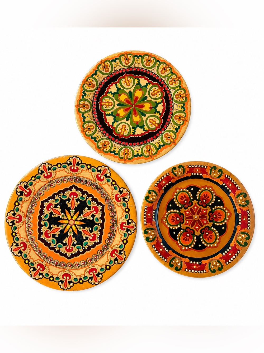 Vintage Hand-Painted Wooden Folk Art Wall Plates Set of 3 | Boho European Decor